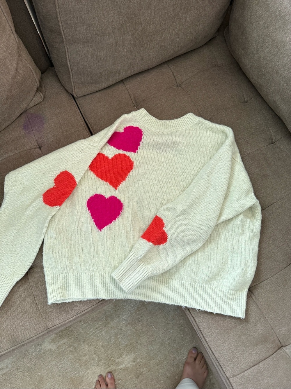 LOFT Cream Crewneck Sweater with Pink and Red Heart Motifs